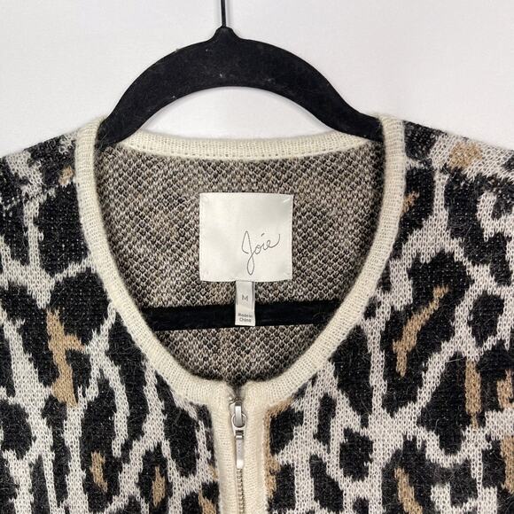Joie Medium M Cream Black Leopard Print Wool Mohair Full Zip Sweater Animal Crew - Picture 3 of 9